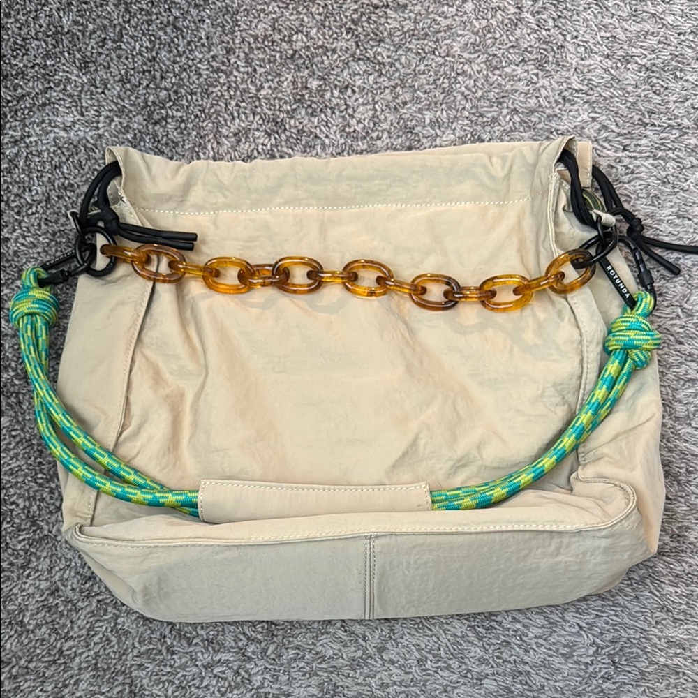 Beige Designer Shoulder Bag with Chain Detail